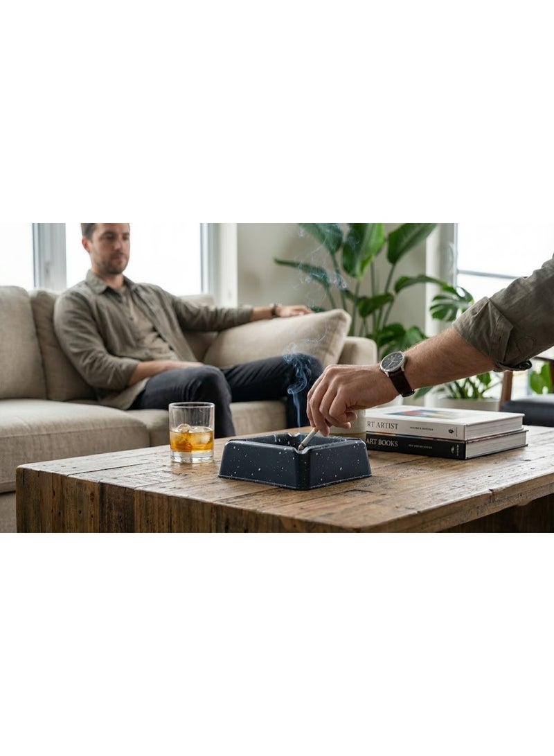 طفاية سجائر مربعة غير قابلة للكسر بتصميم رخامي منقط - مطفأة سجاير بلاستيك بـ 4 فتحات للمنزل والمكتب والديكور - لون أزرق كحلي غامق - Image 3